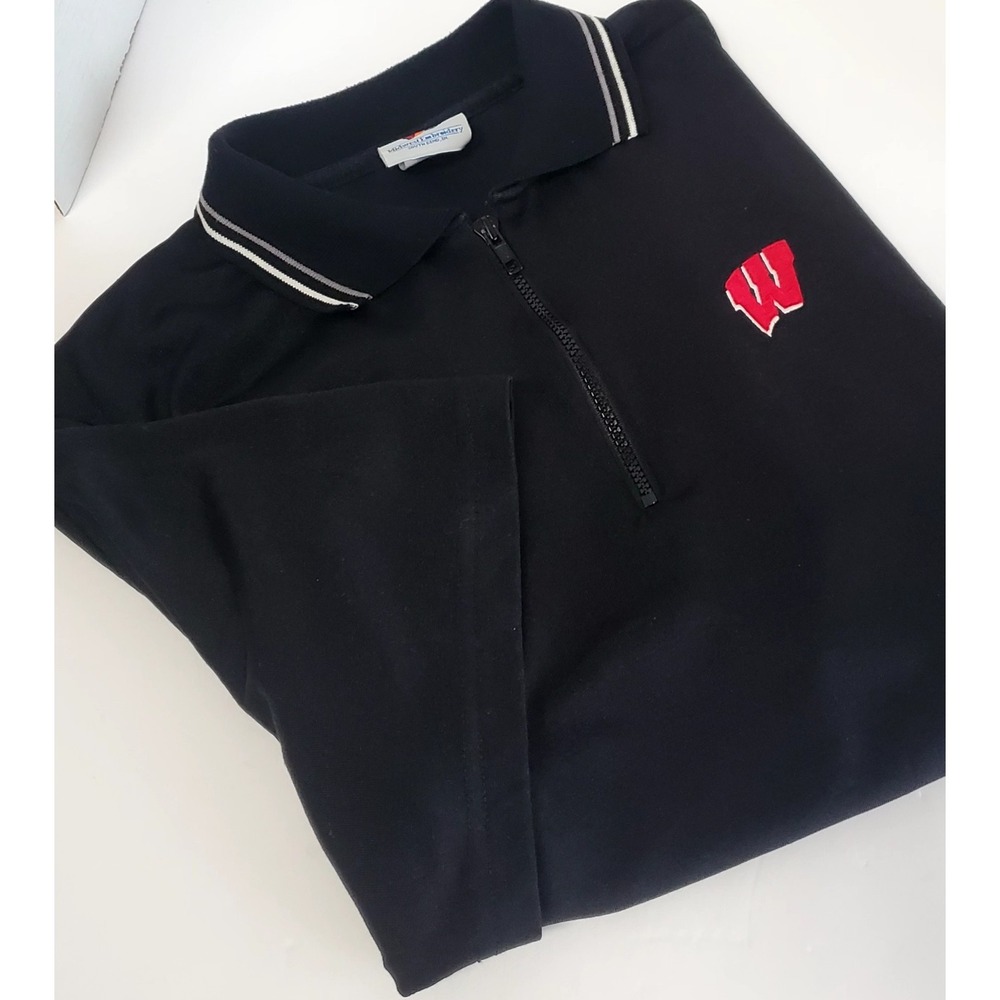 Wisconsin Badgers Polo LG Zip Shirt Black Midwest Embroidery Brand W Logo Chest